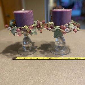 Candle set of 2: Purple candles with grape decor and glass stands